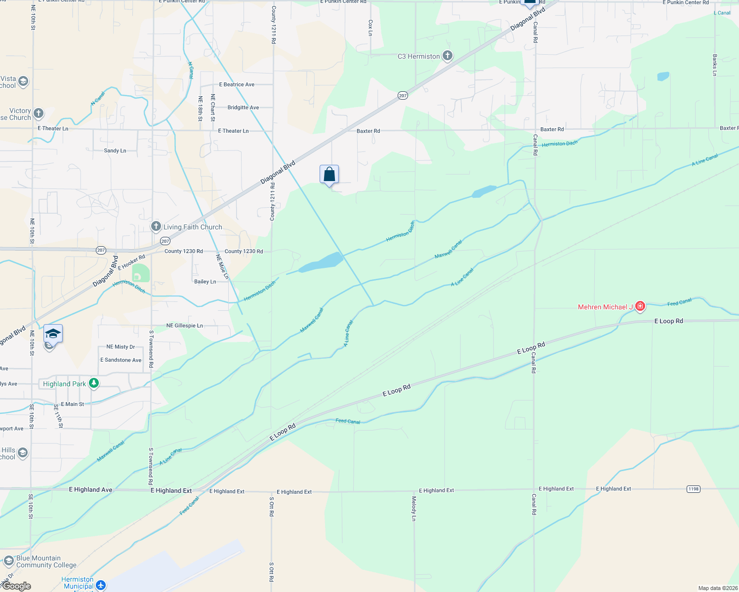 map of restaurants, bars, coffee shops, grocery stores, and more near 32306 Benjamin Lane in Hermiston