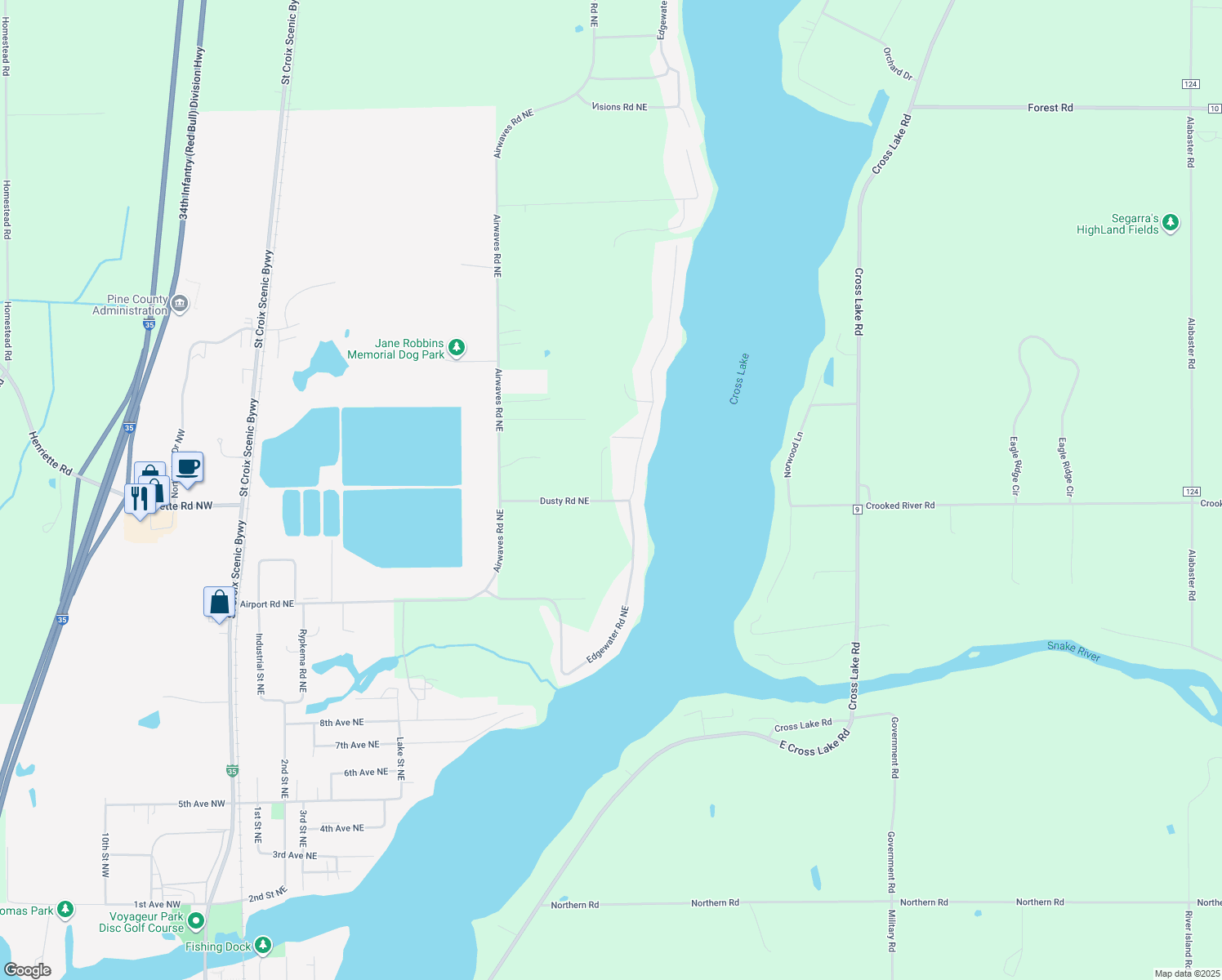 map of restaurants, bars, coffee shops, grocery stores, and more near 16050 Rose Lane Northeast in Pine City