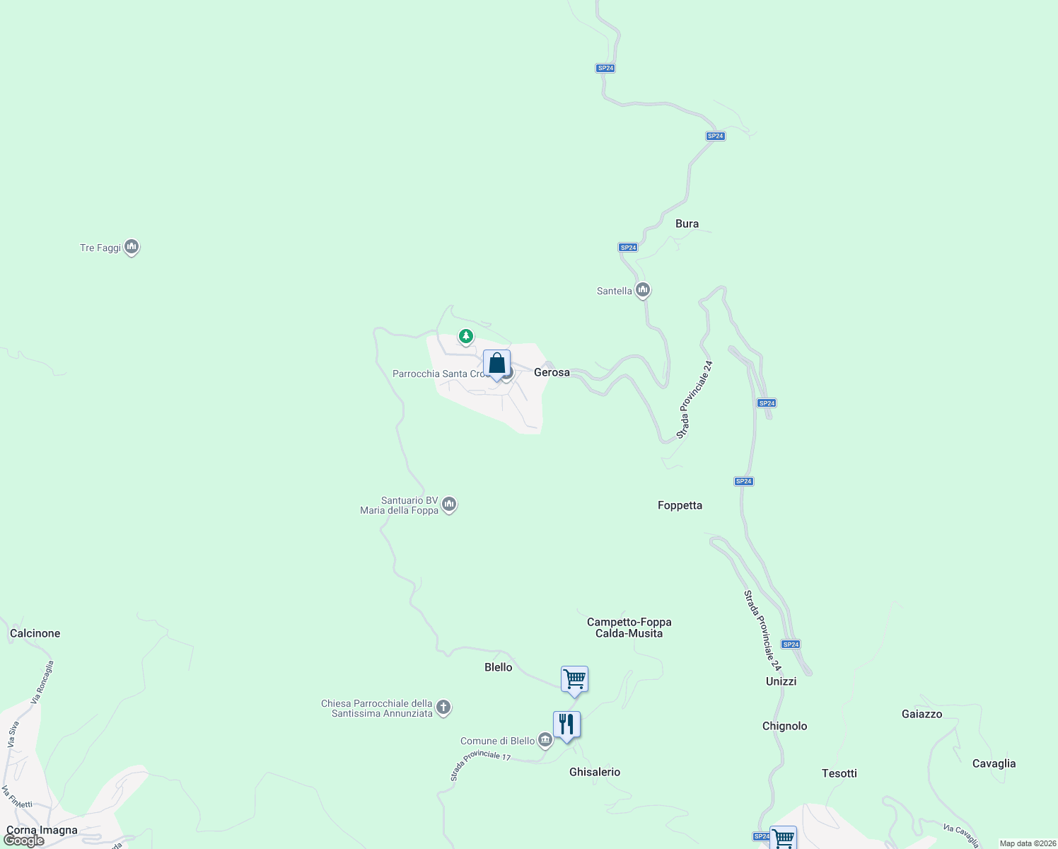 map of restaurants, bars, coffee shops, grocery stores, and more near 11 Via Alcide de Gasperi in Gerosa