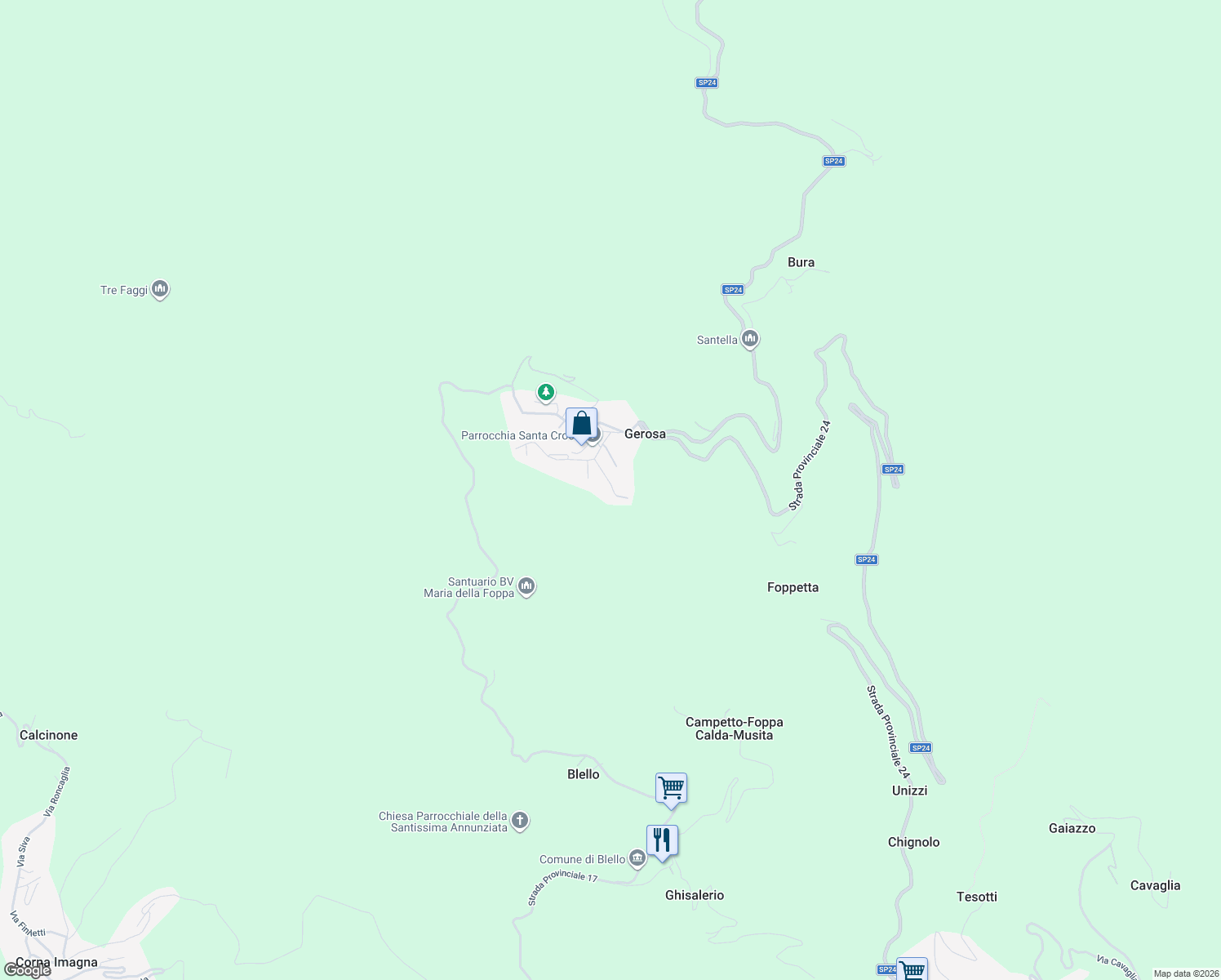 map of restaurants, bars, coffee shops, grocery stores, and more near 11 Via Alcide de Gasperi in Gerosa