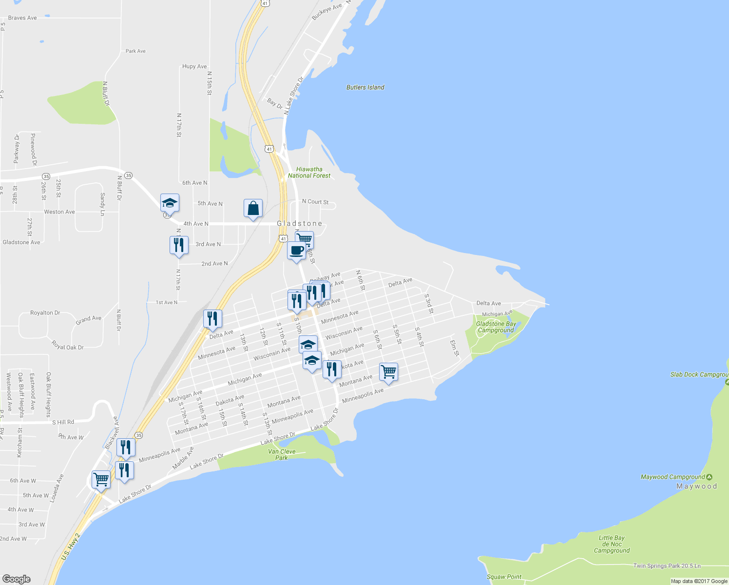 map of restaurants, bars, coffee shops, grocery stores, and more near Delta Avenue in Gladstone