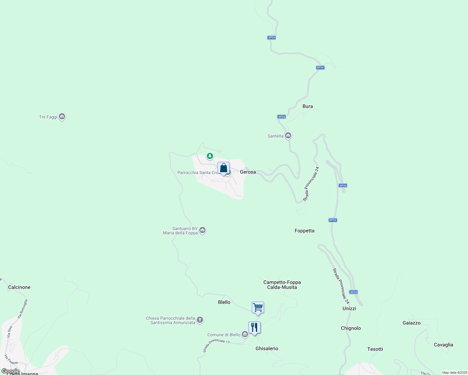 map of restaurants, bars, coffee shops, grocery stores, and more near 13 Via Papa Giovanni XXIII in Gerosa