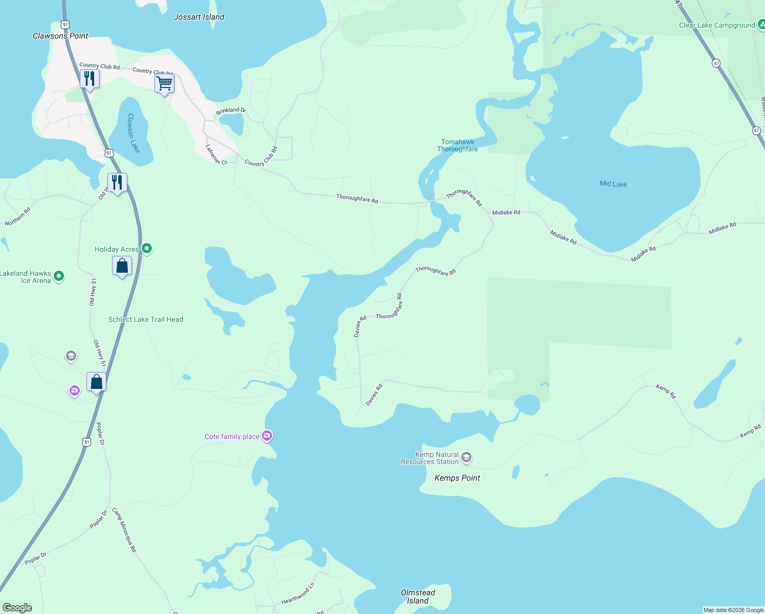 map of restaurants, bars, coffee shops, grocery stores, and more near 8991 Thoroughfare Road in Minocqua