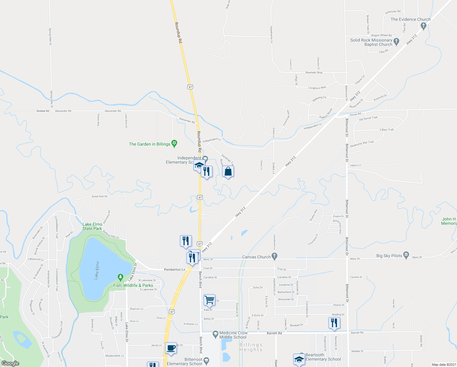 map of restaurants, bars, coffee shops, grocery stores, and more near 2813 Saratoga Trail in Billings
