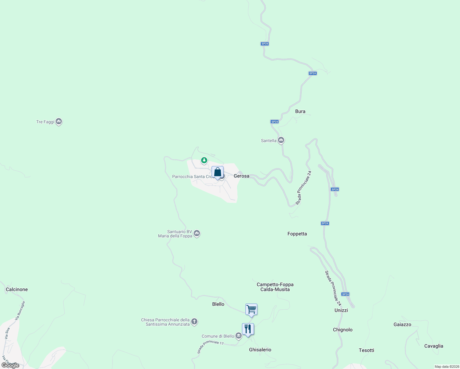 map of restaurants, bars, coffee shops, grocery stores, and more near 13 Via Papa Giovanni XXIII in Gerosa