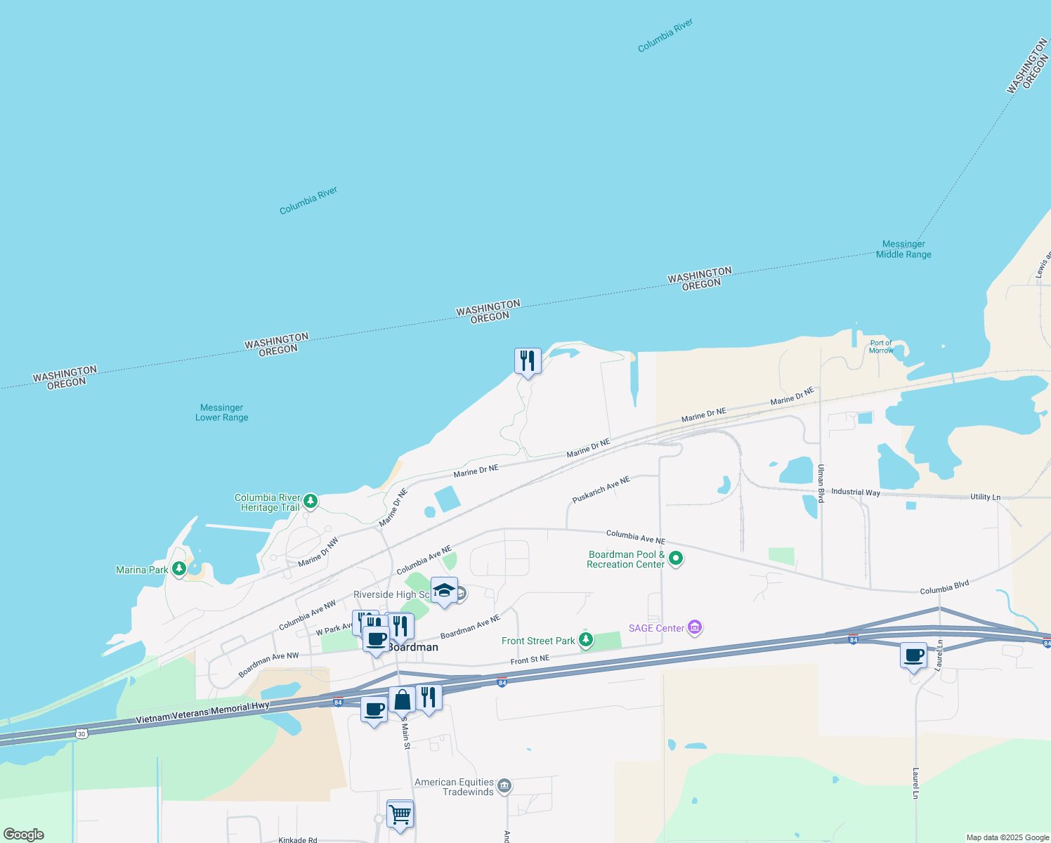 map of restaurants, bars, coffee shops, grocery stores, and more near 10 Marine Drive East in Boardman