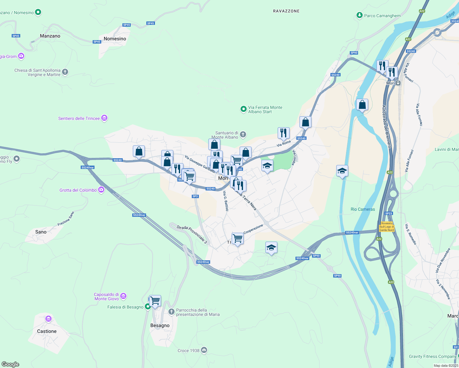 map of restaurants, bars, coffee shops, grocery stores, and more near 4 Piazza B. Malfatti in Mori