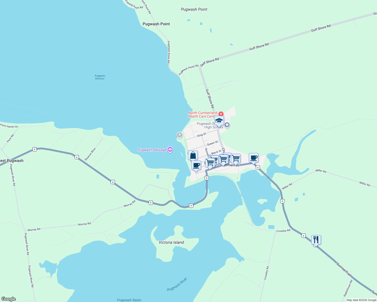 map of restaurants, bars, coffee shops, grocery stores, and more near 30 Queen Street in Pugwash
