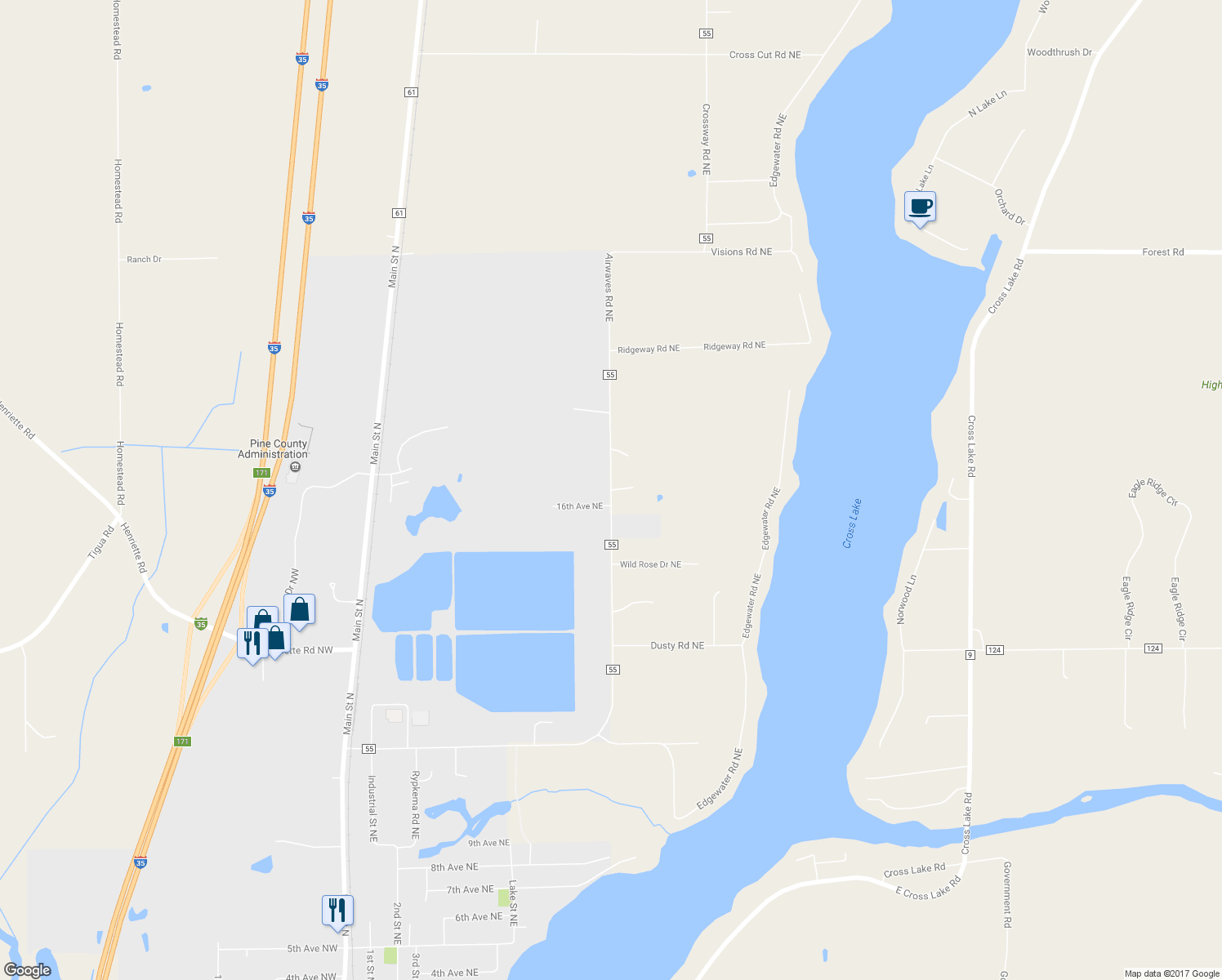 map of restaurants, bars, coffee shops, grocery stores, and more near Airwaves Road Northeast in Pine City