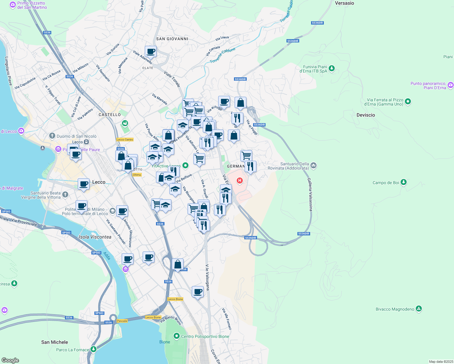map of restaurants, bars, coffee shops, grocery stores, and more near Via Eremo in Lecco