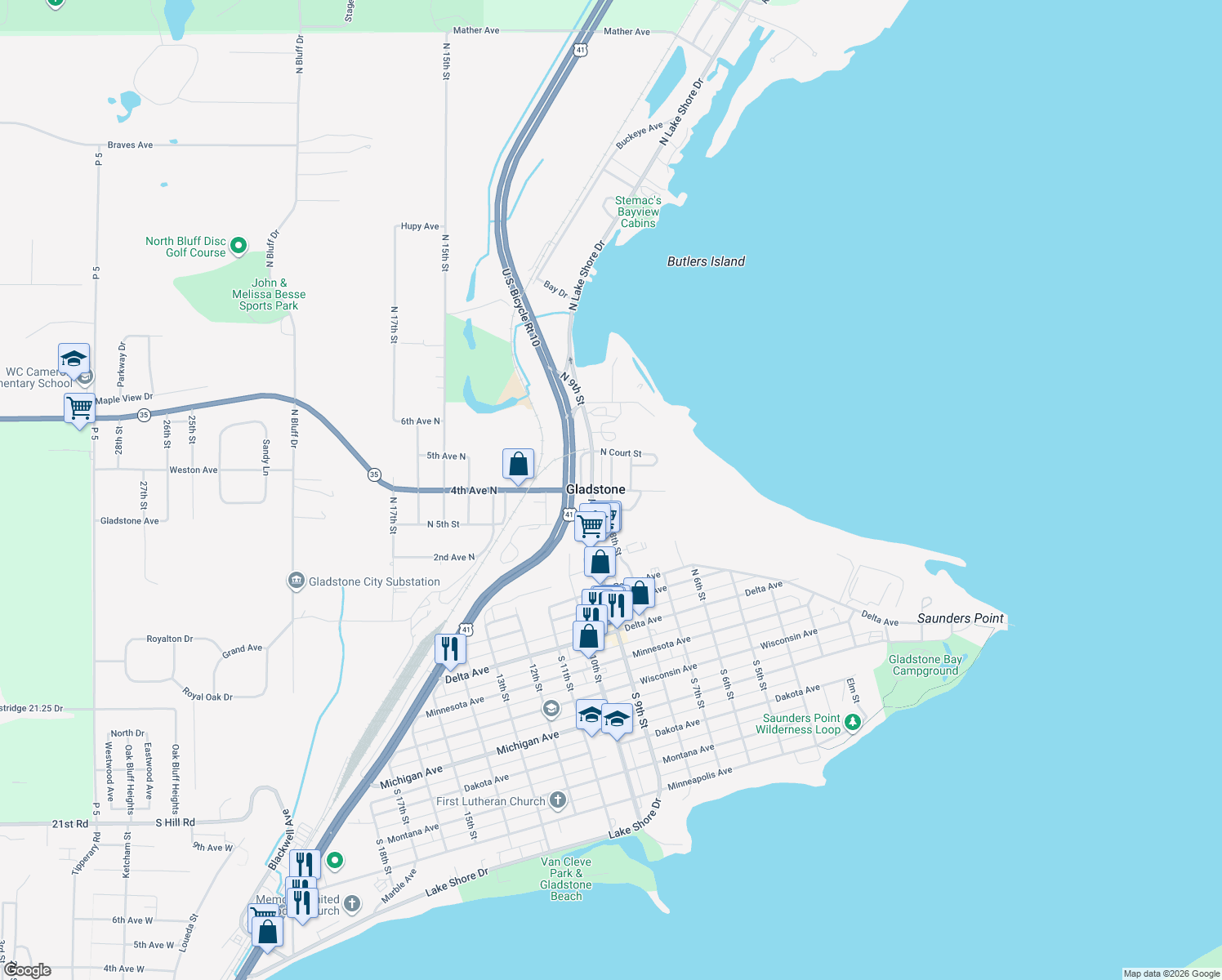map of restaurants, bars, coffee shops, grocery stores, and more near North 8th Street in Gladstone
