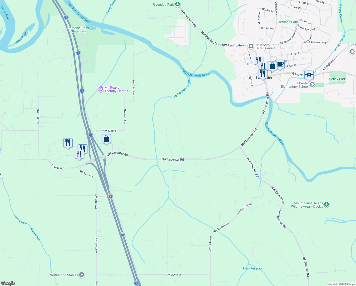 map of restaurants, bars, coffee shops, grocery stores, and more near 32102 Northwest Eagle Crest Drive in Ridgefield