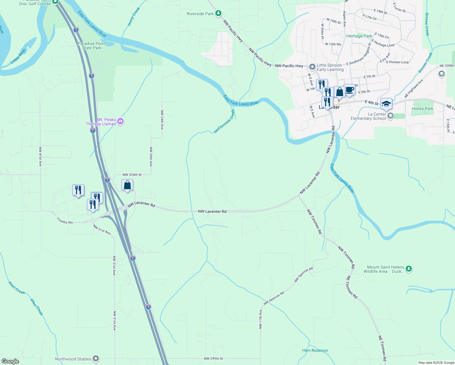 map of restaurants, bars, coffee shops, grocery stores, and more near 32215 Northwest Eagle Crest Drive in Ridgefield