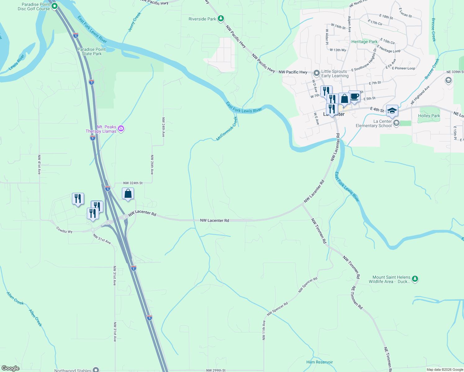 map of restaurants, bars, coffee shops, grocery stores, and more near 32215 Northwest Eagle Crest Drive in Ridgefield
