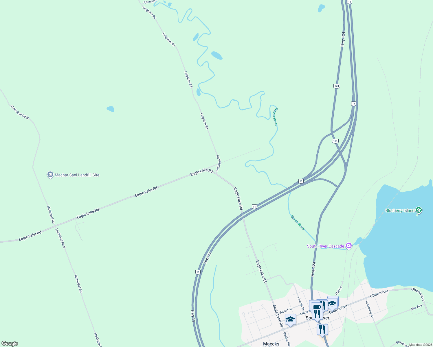 map of restaurants, bars, coffee shops, grocery stores, and more near 1 Leighton Road in South River