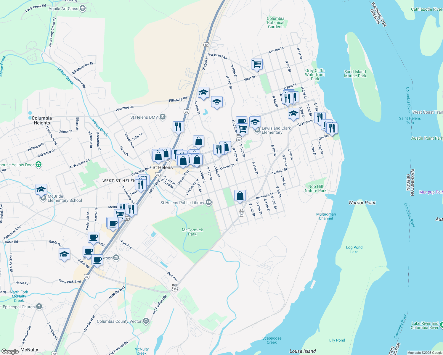 map of restaurants, bars, coffee shops, grocery stores, and more near 246 South 16th Street in St. Helens