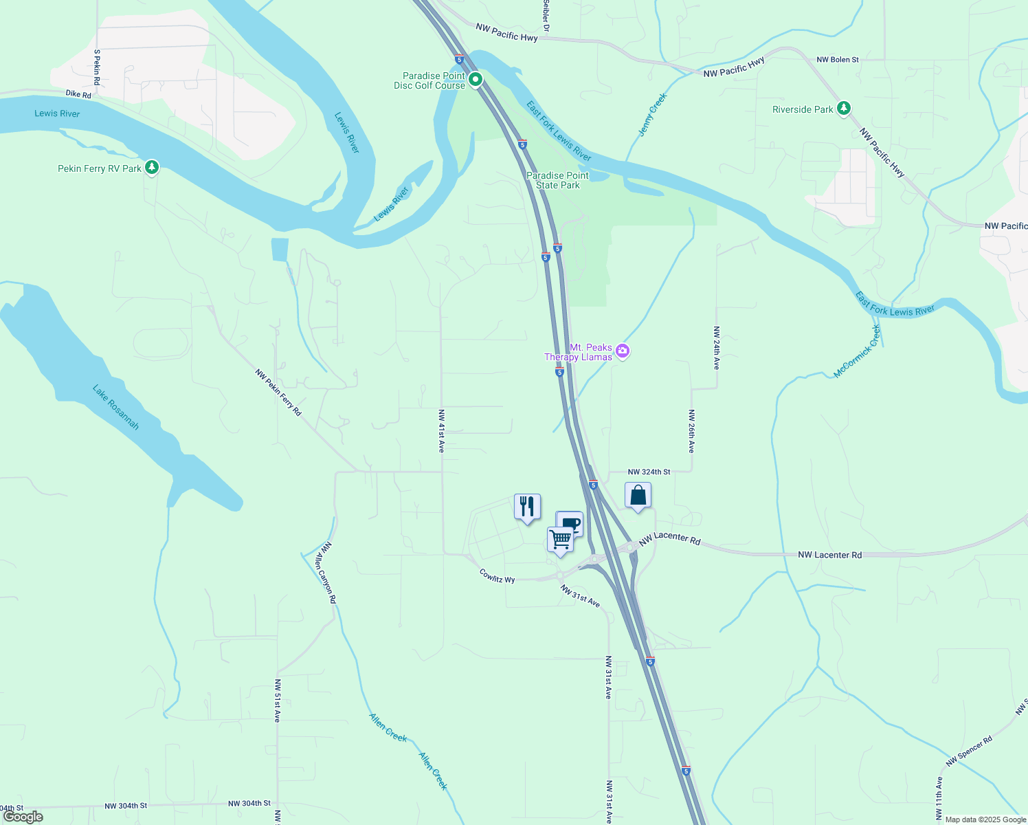 map of restaurants, bars, coffee shops, grocery stores, and more near 32601 Northwest 41st Avenue in Ridgefield