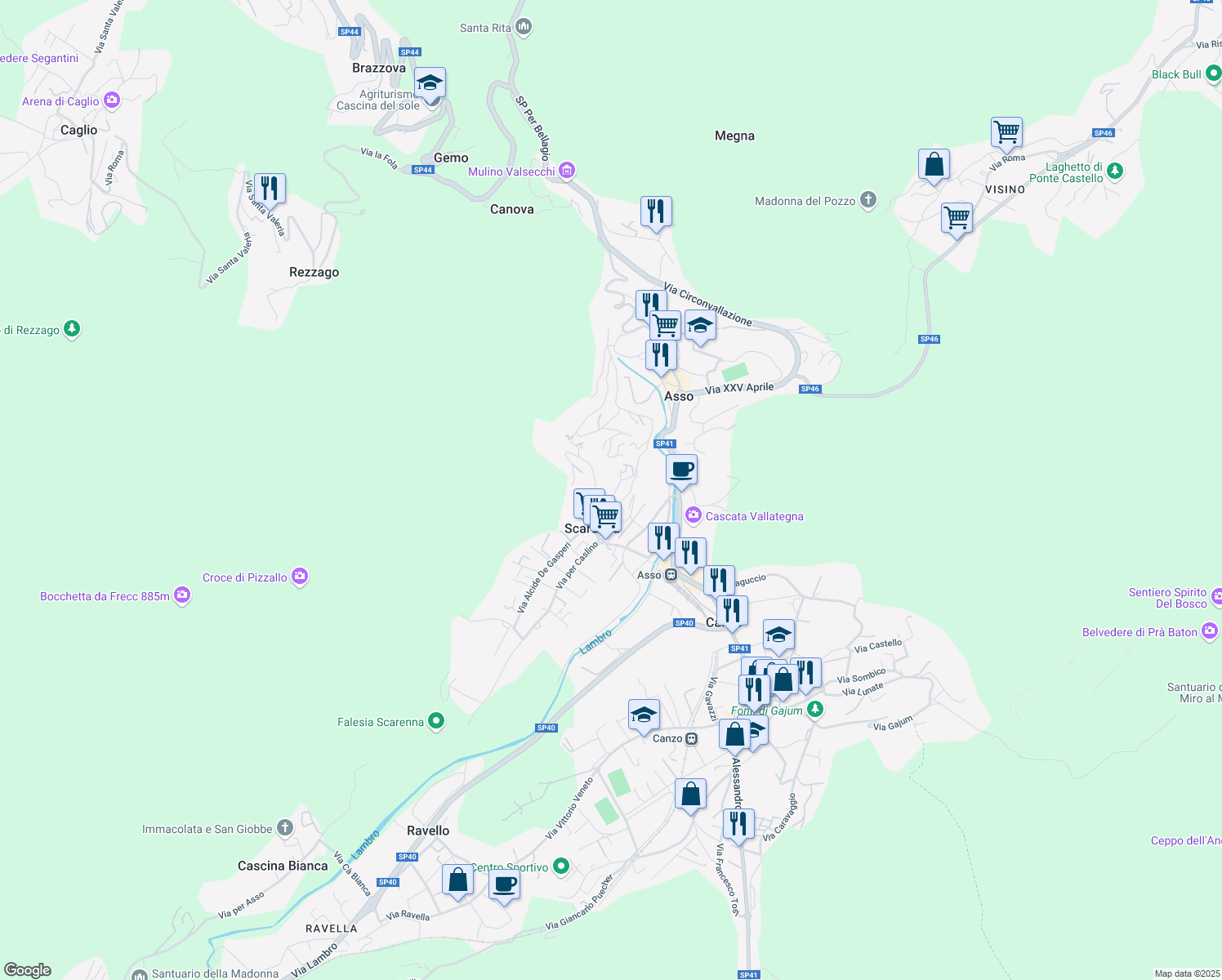 map of restaurants, bars, coffee shops, grocery stores, and more near 44 Via Santissimi Giovanni e Paolo in Asso