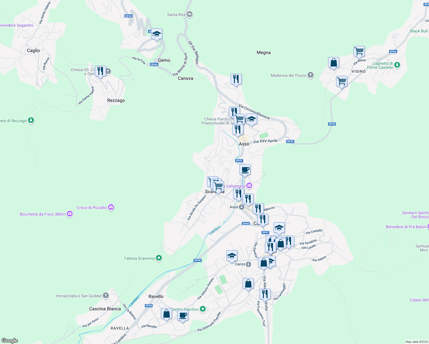 map of restaurants, bars, coffee shops, grocery stores, and more near 44 Via Santissimi Giovanni e Paolo in Asso