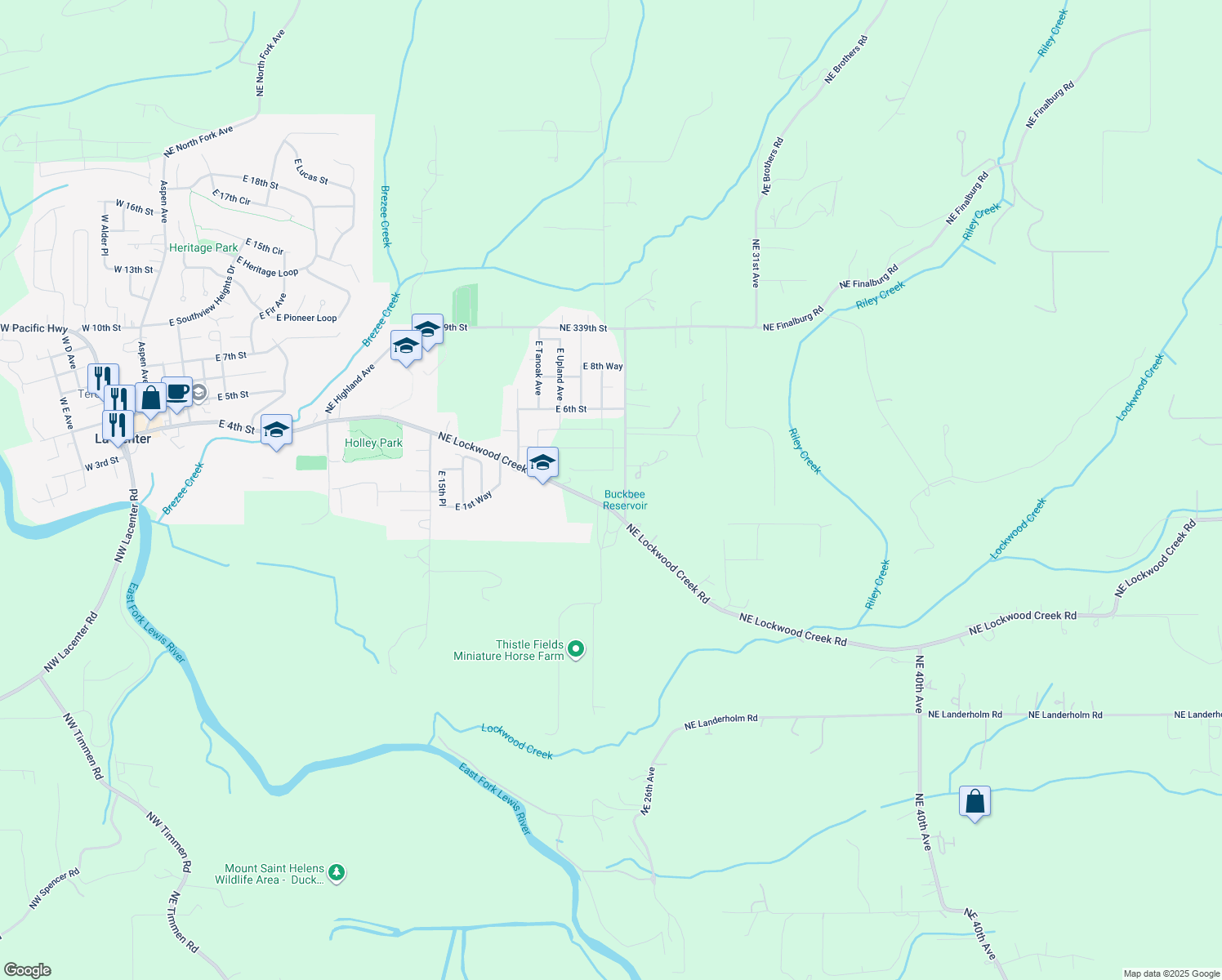 map of restaurants, bars, coffee shops, grocery stores, and more near 33006 Northeast 24th Avenue in La Center
