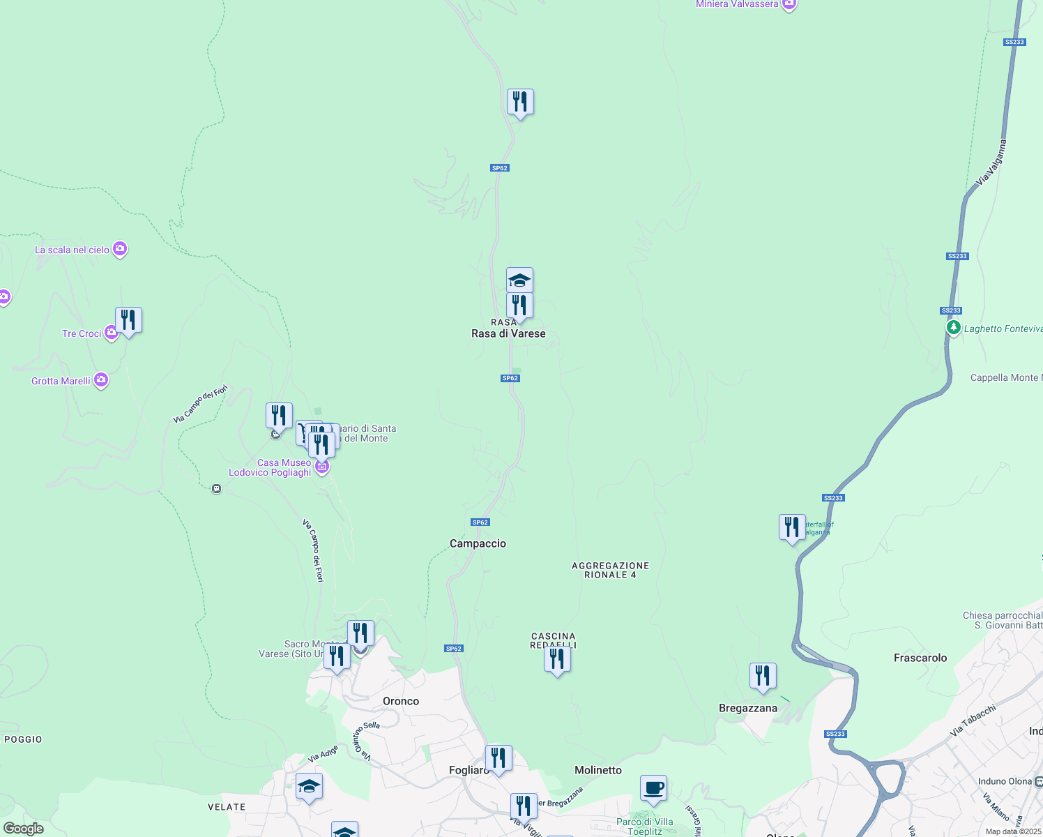 map of restaurants, bars, coffee shops, grocery stores, and more near 85 Via Provinciale la Rasa in Varese