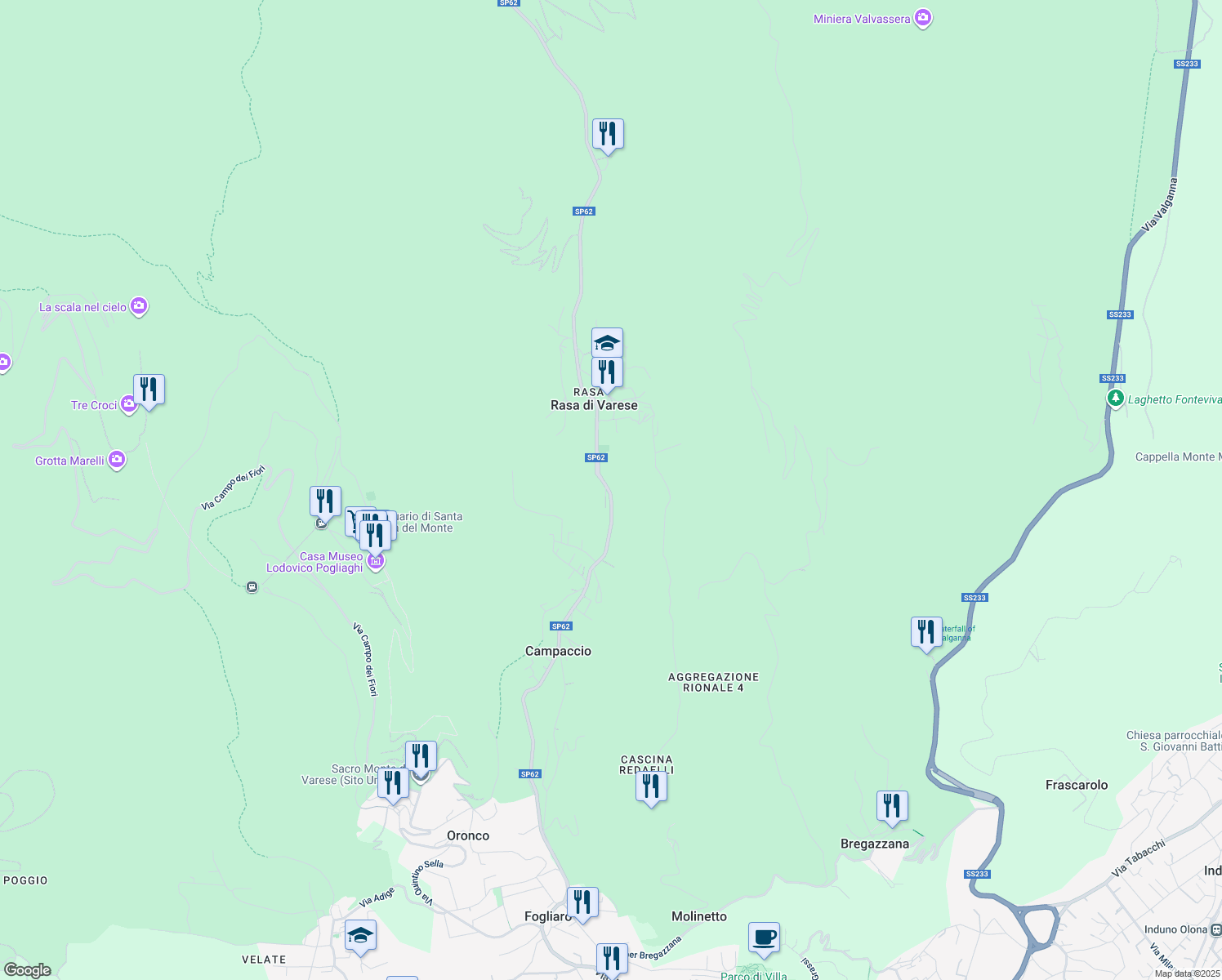 map of restaurants, bars, coffee shops, grocery stores, and more near 85 Via Provinciale la Rasa in Varese