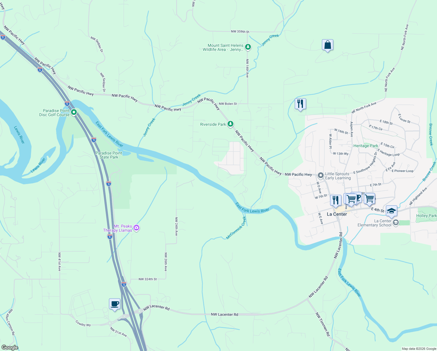 map of restaurants, bars, coffee shops, grocery stores, and more near Northwest 339th Street in La Center