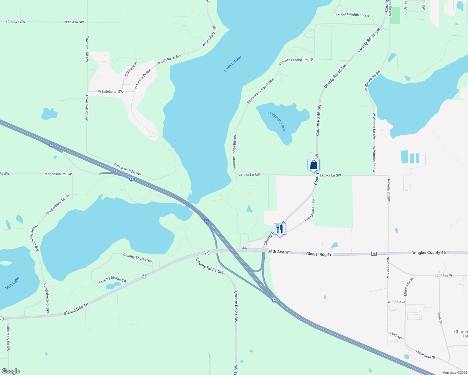 map of restaurants, bars, coffee shops, grocery stores, and more near Bradford Bay in Alexandria