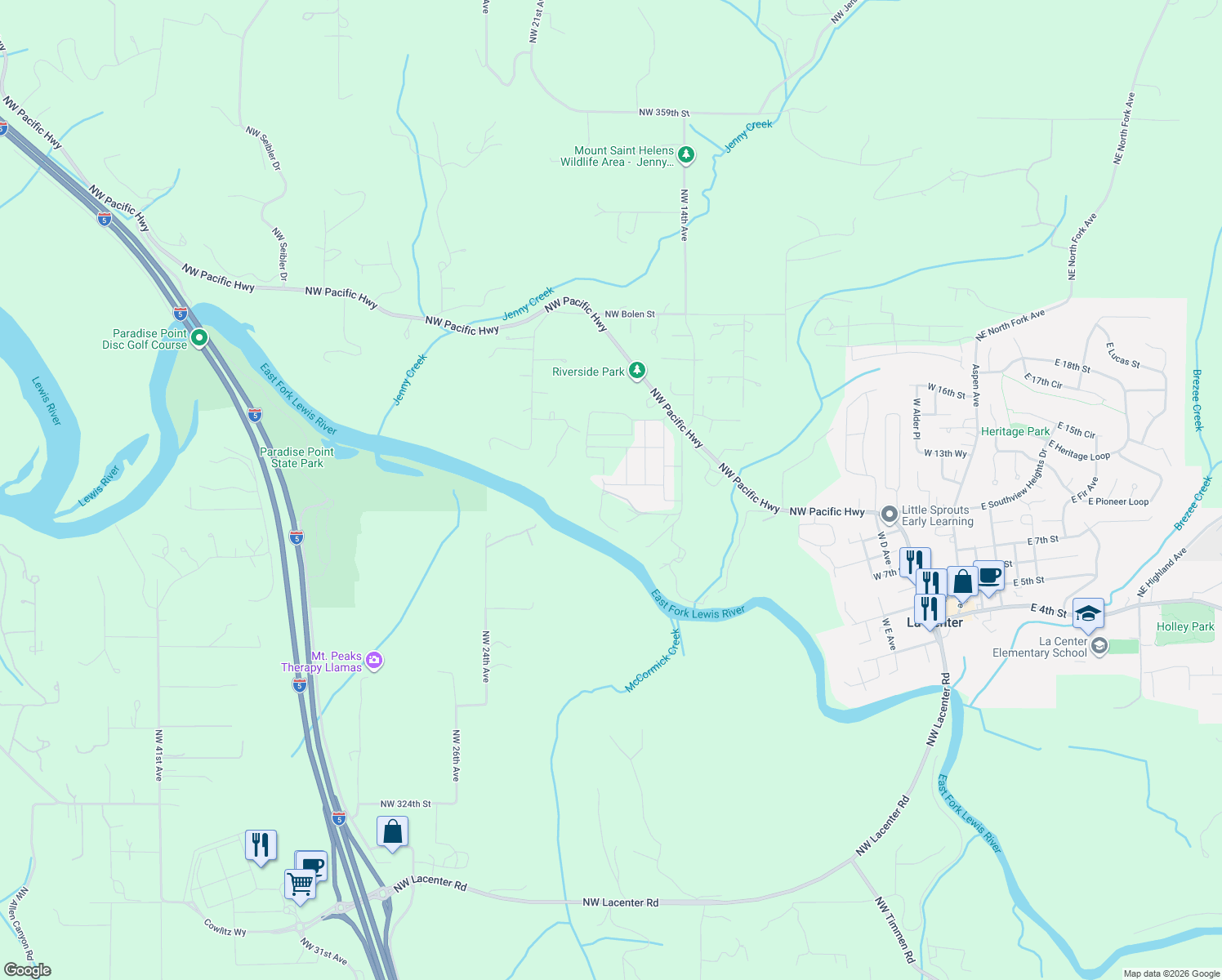 map of restaurants, bars, coffee shops, grocery stores, and more near West 12th Way in La Center