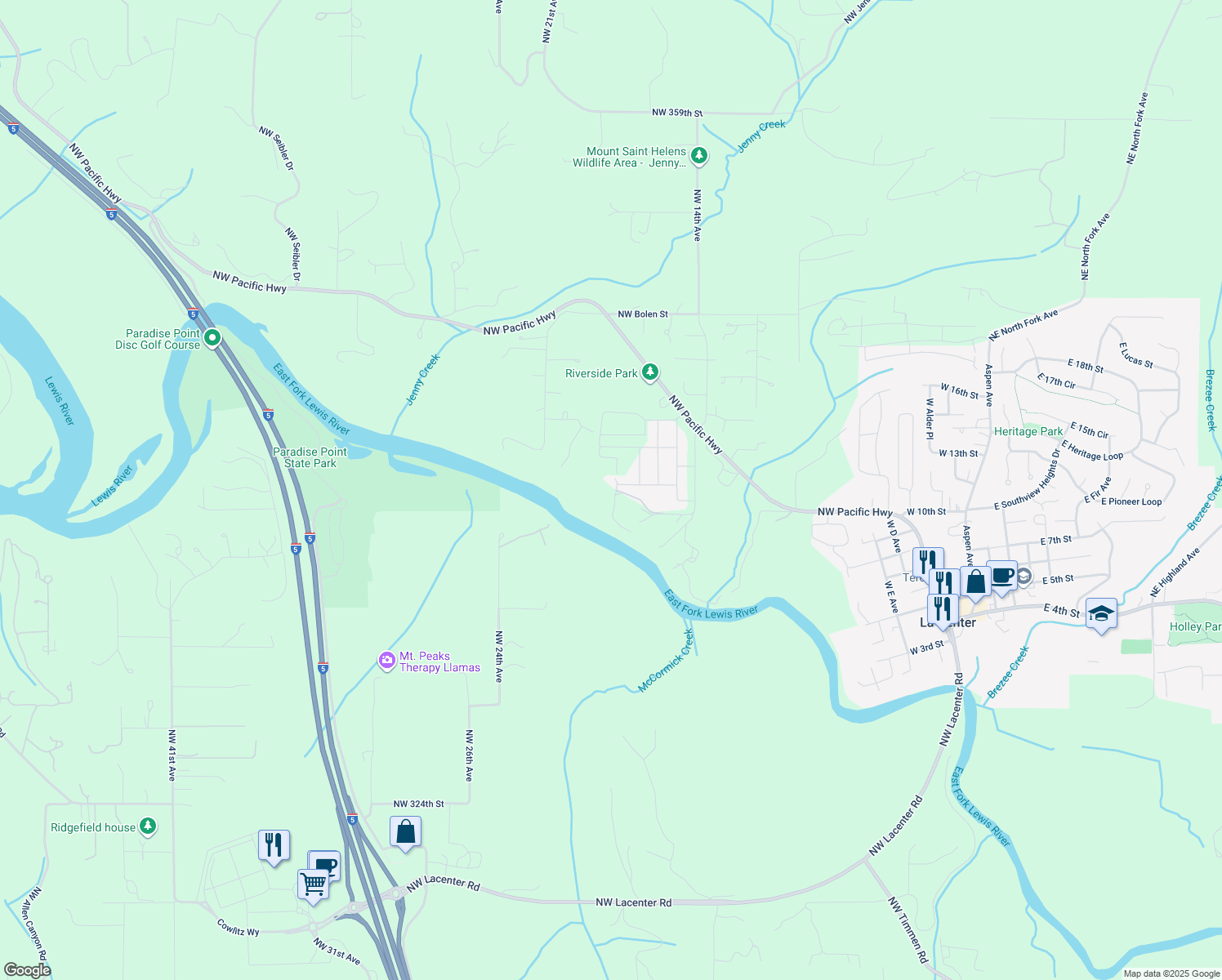 map of restaurants, bars, coffee shops, grocery stores, and more near 1518 Northwest 339th Street in La Center