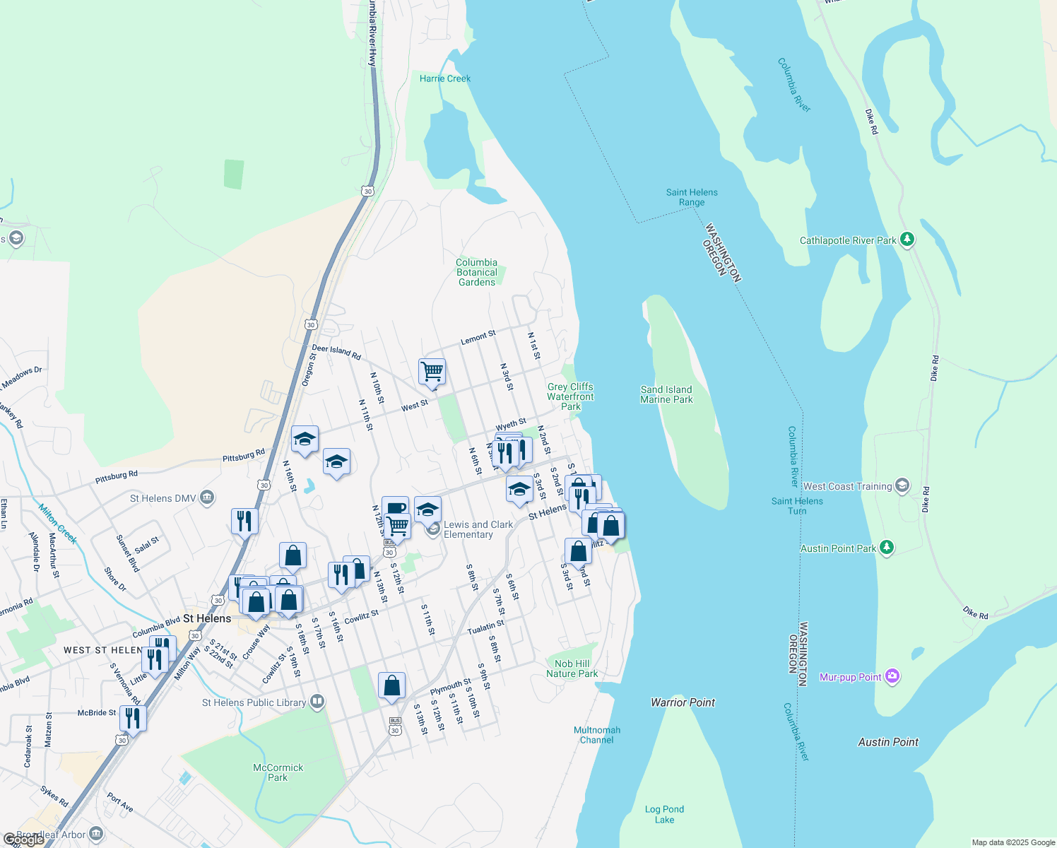 map of restaurants, bars, coffee shops, grocery stores, and more near 261 Wyeth St in St Helens