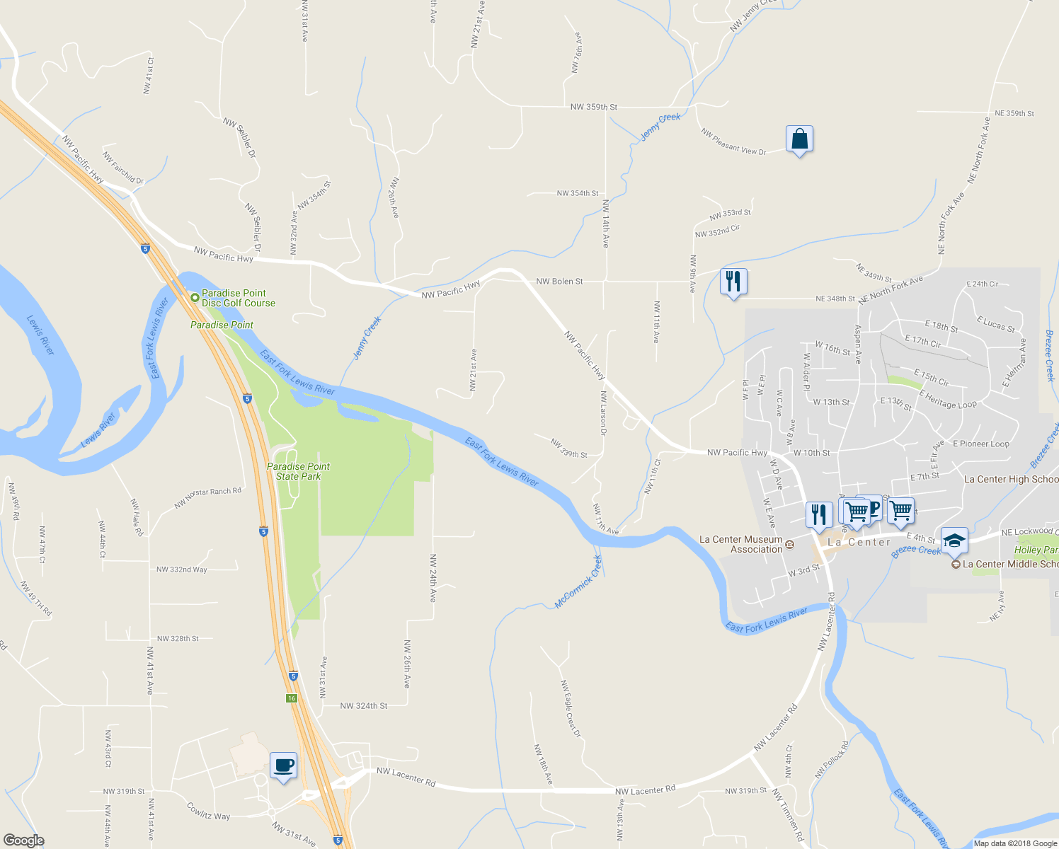 map of restaurants, bars, coffee shops, grocery stores, and more near 1518 Northwest 339th Street in La Center