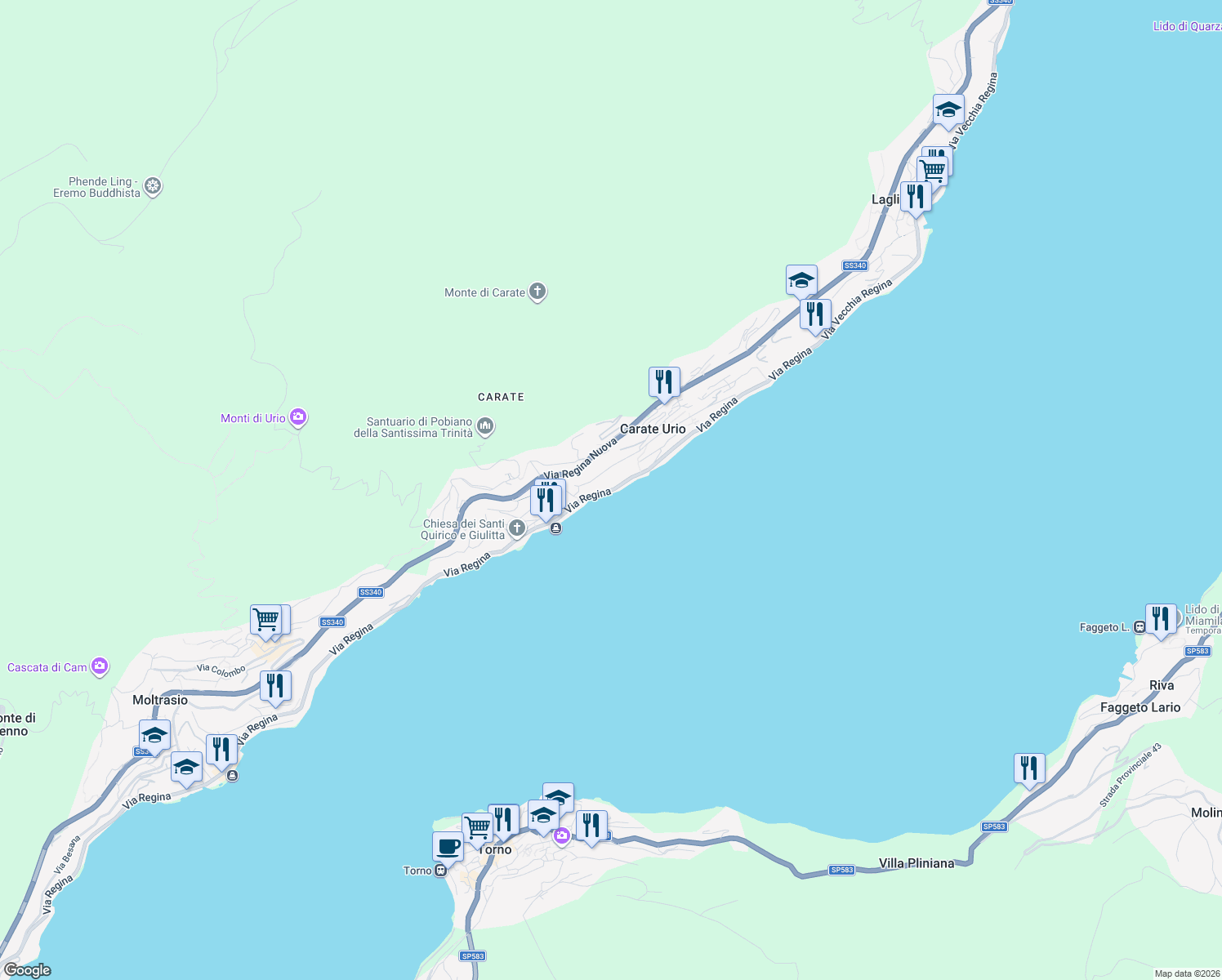 map of restaurants, bars, coffee shops, grocery stores, and more near 44 Via Regina in Carate Urio
