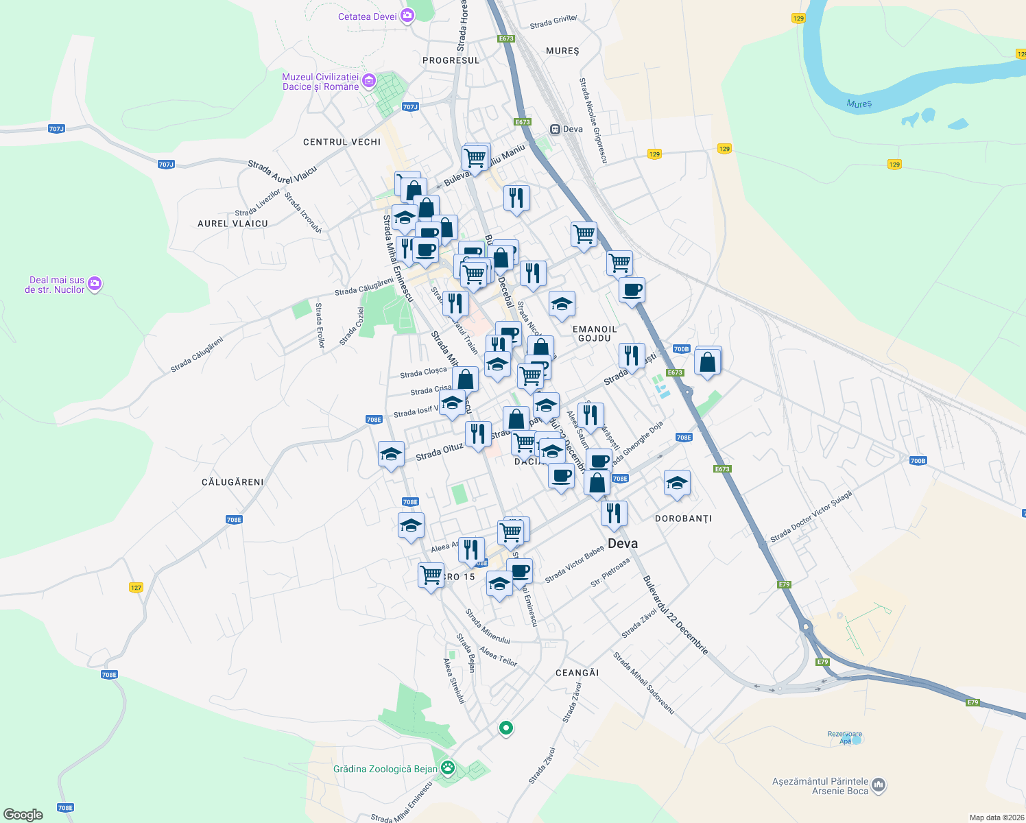 map of restaurants, bars, coffee shops, grocery stores, and more near 21 Strada Liliacului in Deva