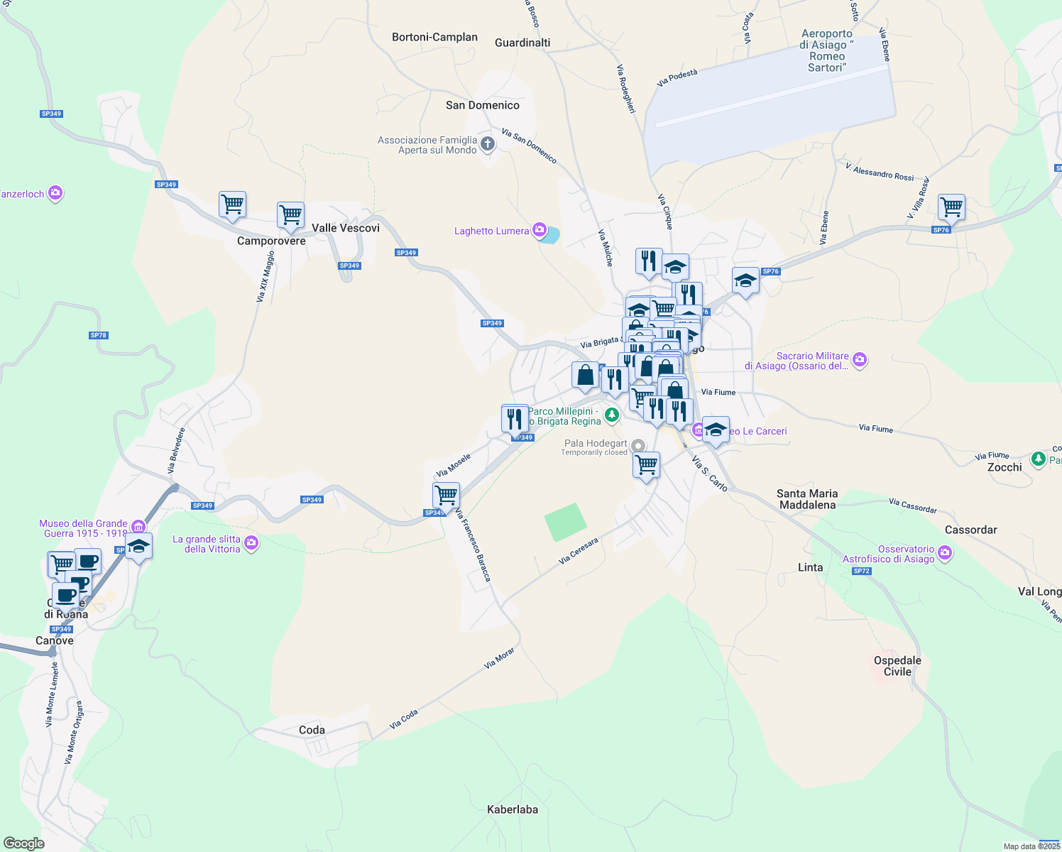 map of restaurants, bars, coffee shops, grocery stores, and more near 50 Via Giuseppe Verdi in Asiago