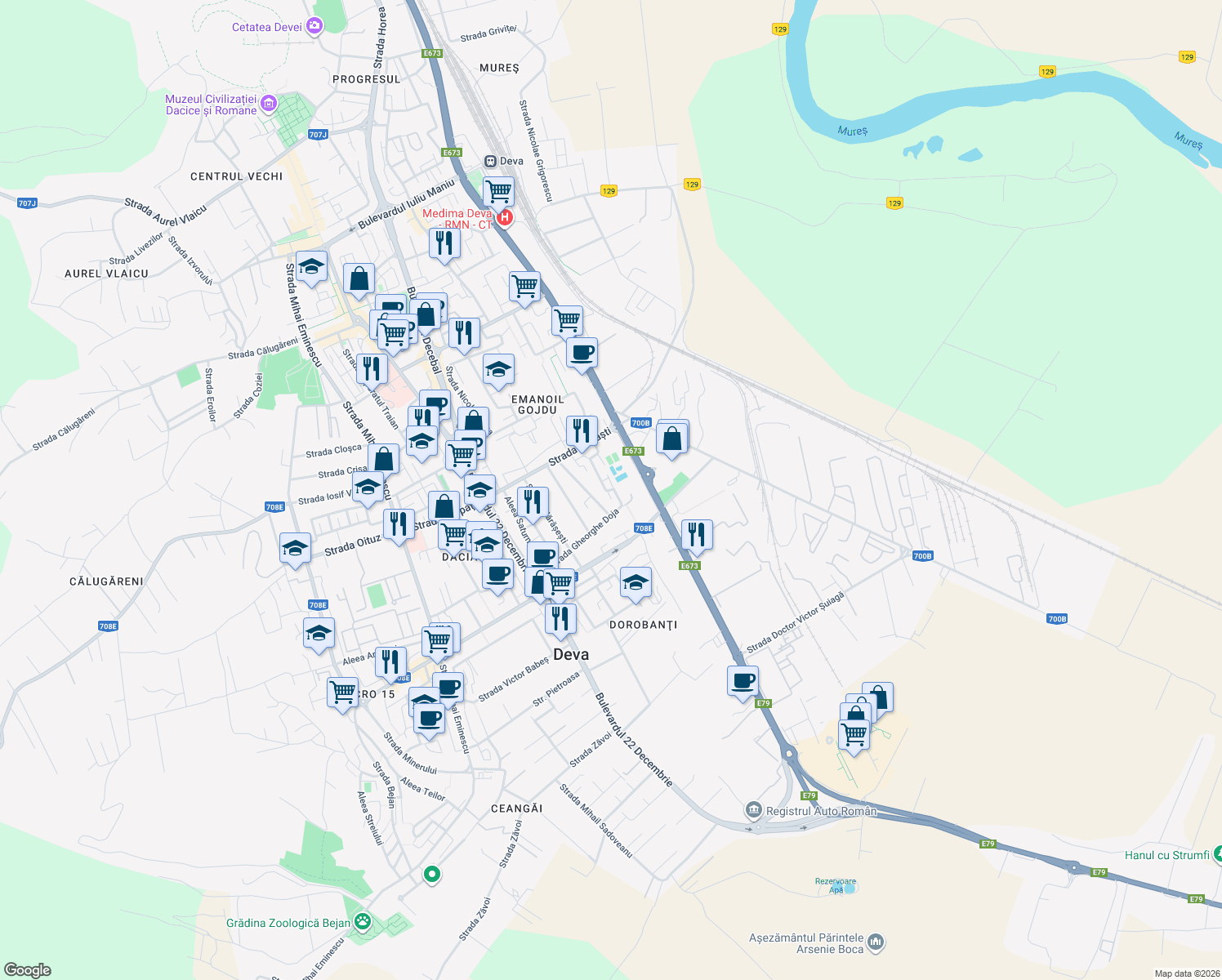 map of restaurants, bars, coffee shops, grocery stores, and more near Aleea Moţilor in Deva