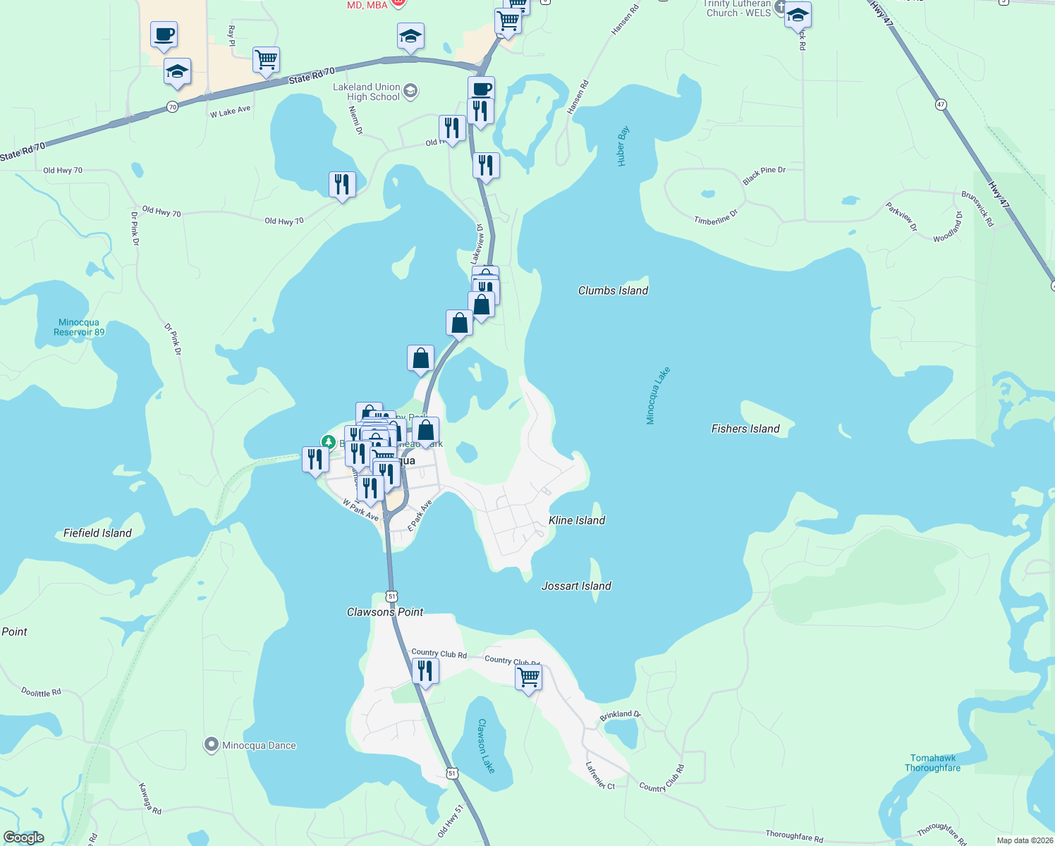 map of restaurants, bars, coffee shops, grocery stores, and more near 935 Cedar Street in Minocqua