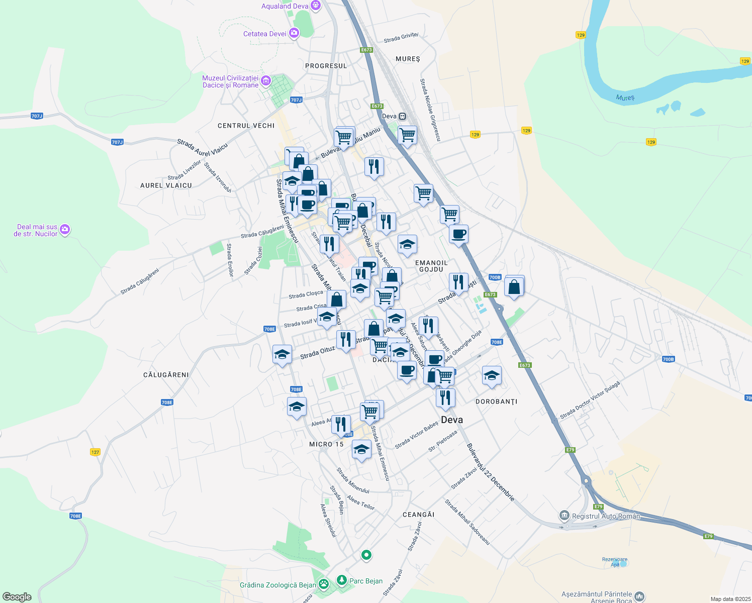 map of restaurants, bars, coffee shops, grocery stores, and more near 21 Strada Liliacului in Deva