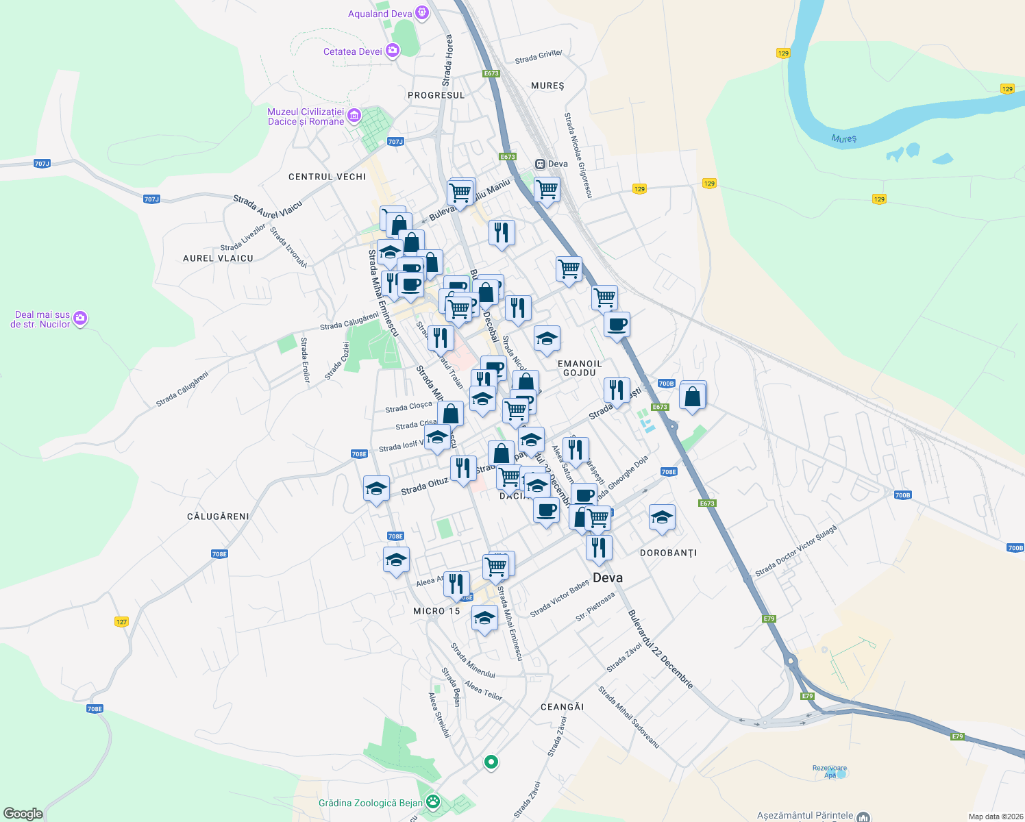 map of restaurants, bars, coffee shops, grocery stores, and more near 21 Strada Liliacului in Deva