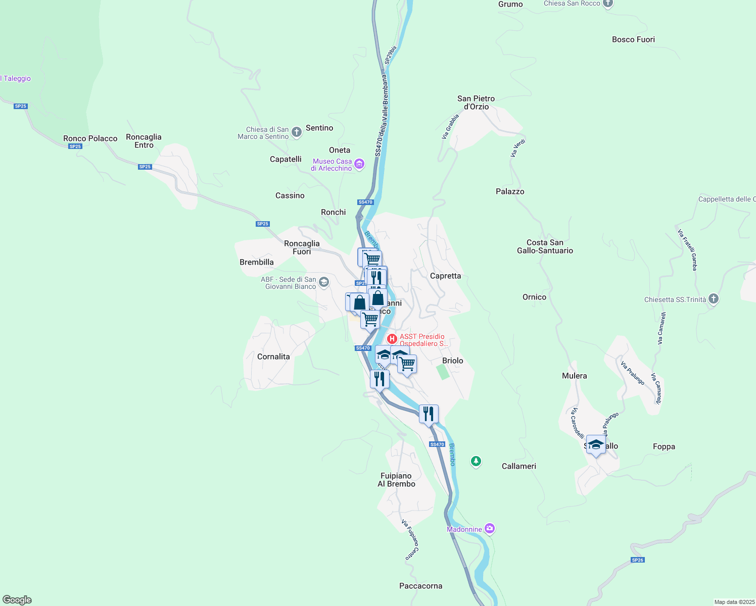 map of restaurants, bars, coffee shops, grocery stores, and more near 3 SS470 in San Giovanni Bianco