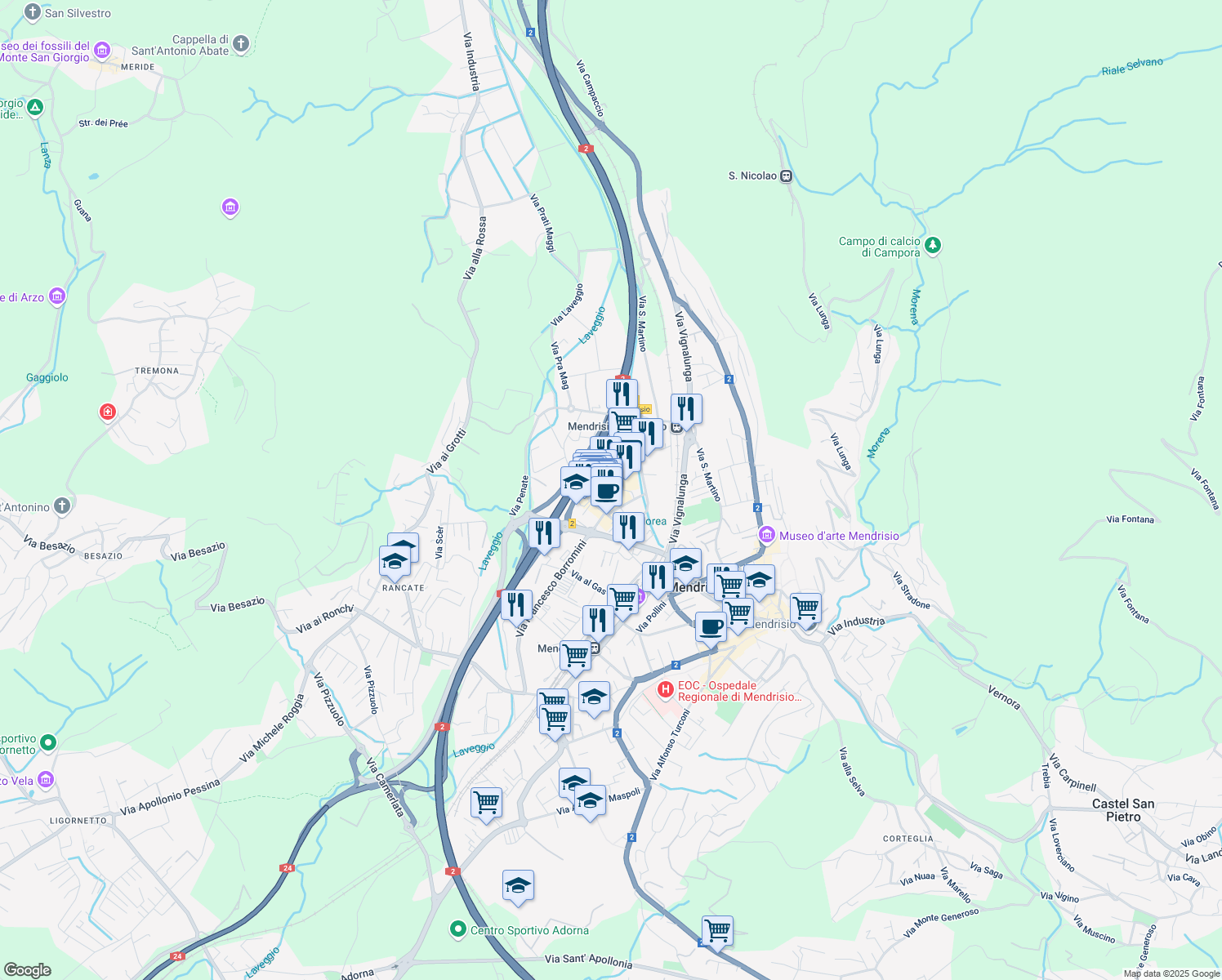 map of restaurants, bars, coffee shops, grocery stores, and more near 18 Via Angelo Maspoli in Mendrisio