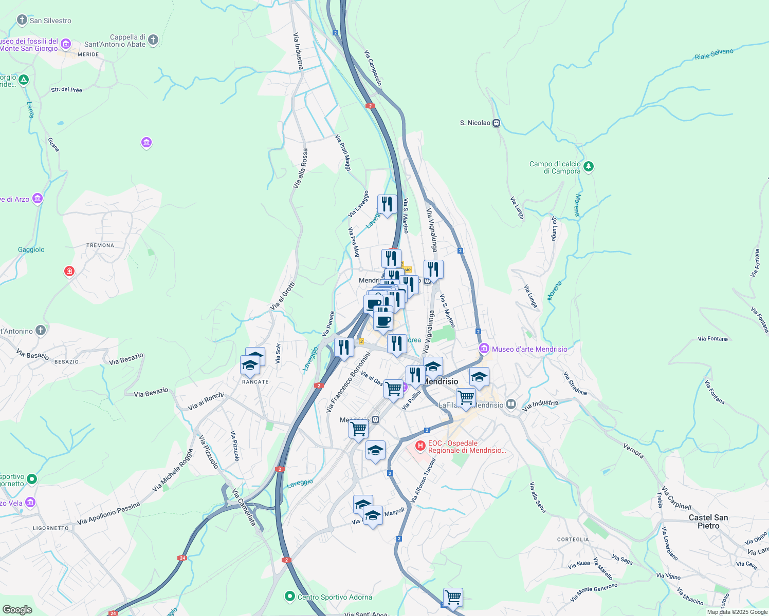 map of restaurants, bars, coffee shops, grocery stores, and more near 18 Via Angelo Maspoli in Mendrisio