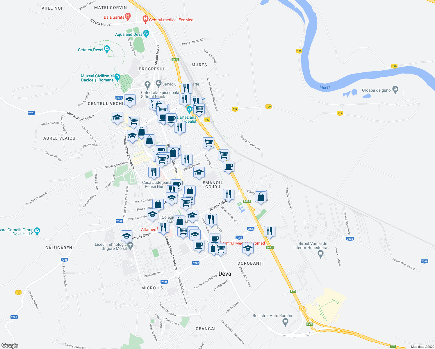 map of restaurants, bars, coffee shops, grocery stores, and more near Aleea Păcii in Deva