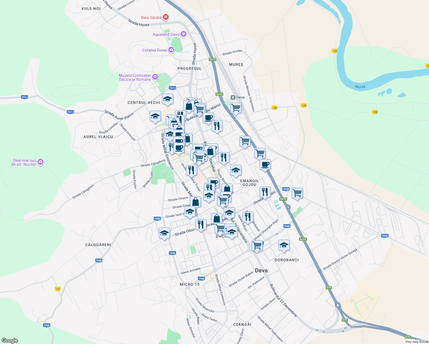 map of restaurants, bars, coffee shops, grocery stores, and more near 1 Bulevardul Decebal in Deva