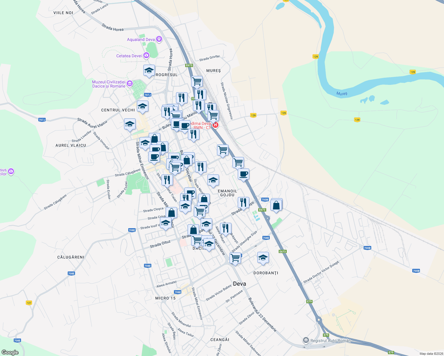 map of restaurants, bars, coffee shops, grocery stores, and more near Aleea Păcii in Deva
