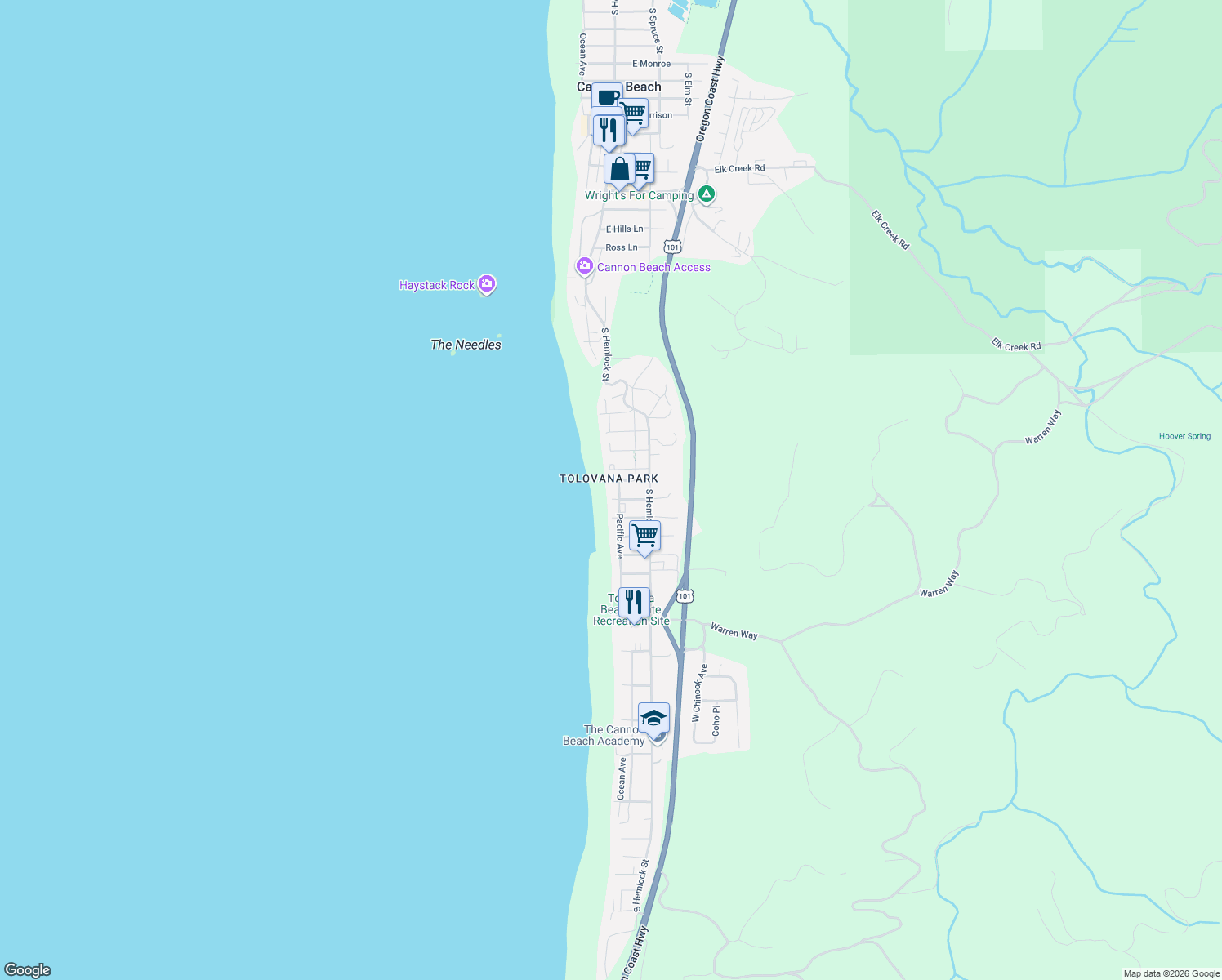 map of restaurants, bars, coffee shops, grocery stores, and more near 2740 S Pacific St in Cannon Beach