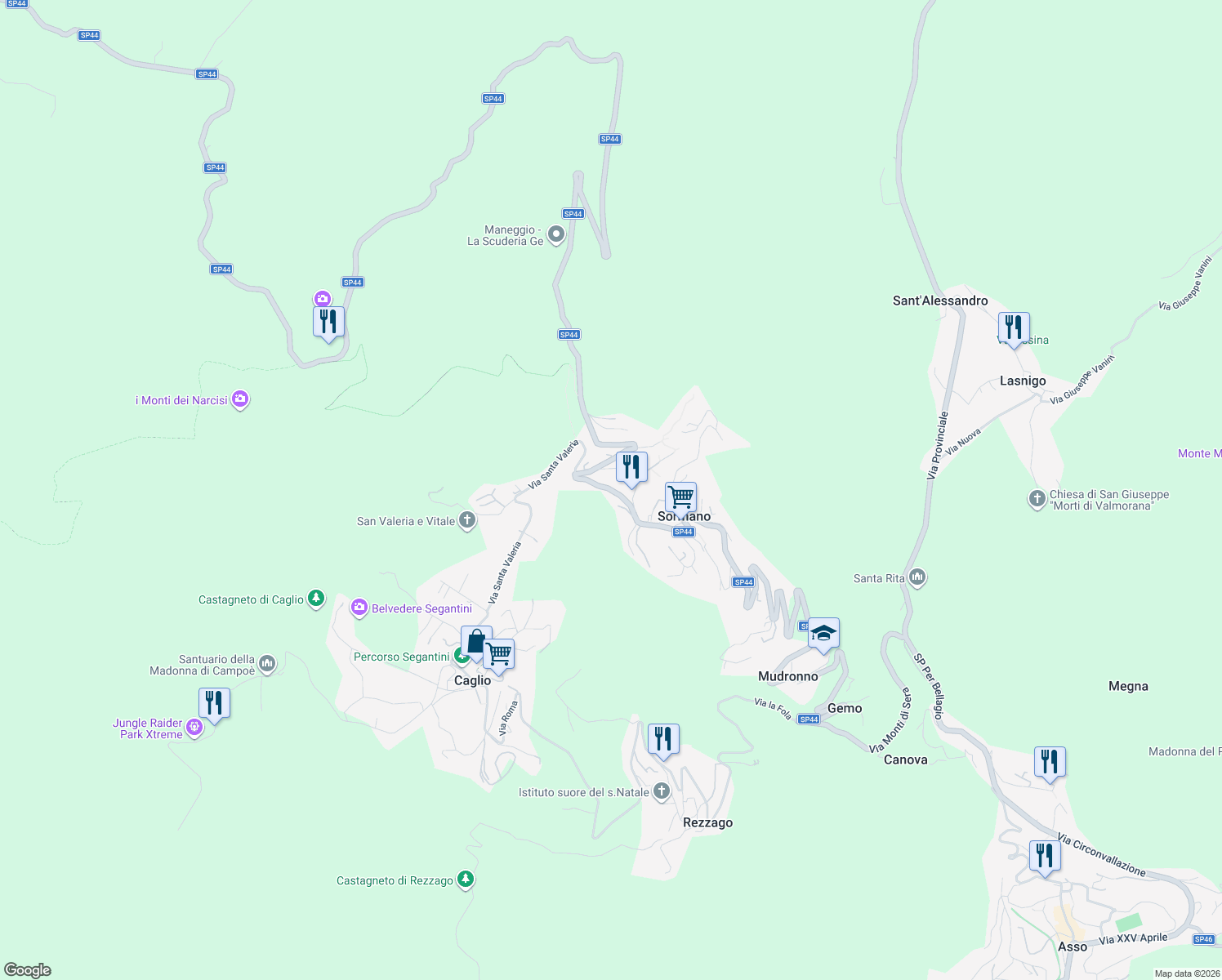 map of restaurants, bars, coffee shops, grocery stores, and more near 33 Pian del Tivano in Provincia di Como