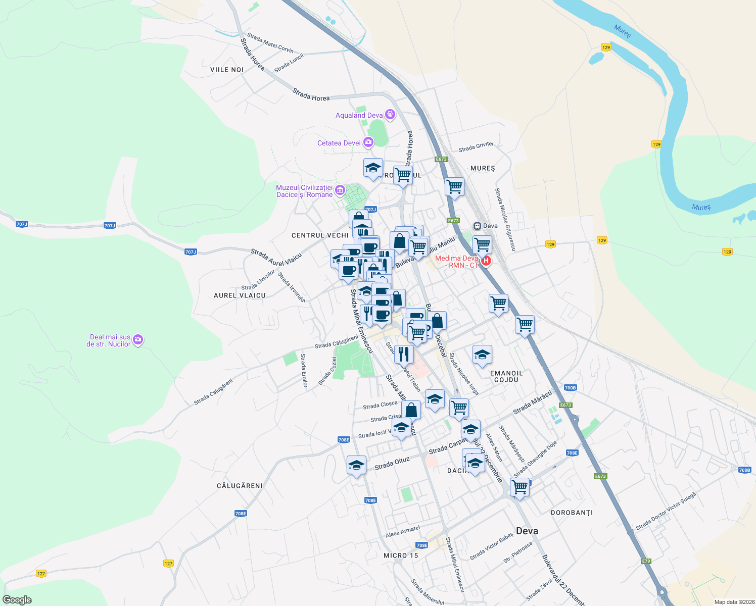 map of restaurants, bars, coffee shops, grocery stores, and more near Bulevardul 1 Decembrie 1918 in Deva
