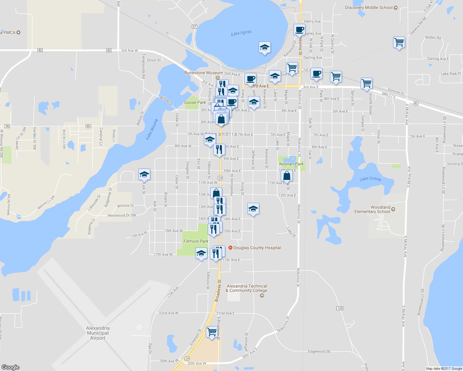 map of restaurants, bars, coffee shops, grocery stores, and more near 1121 Hawthorne Street in Alexandria