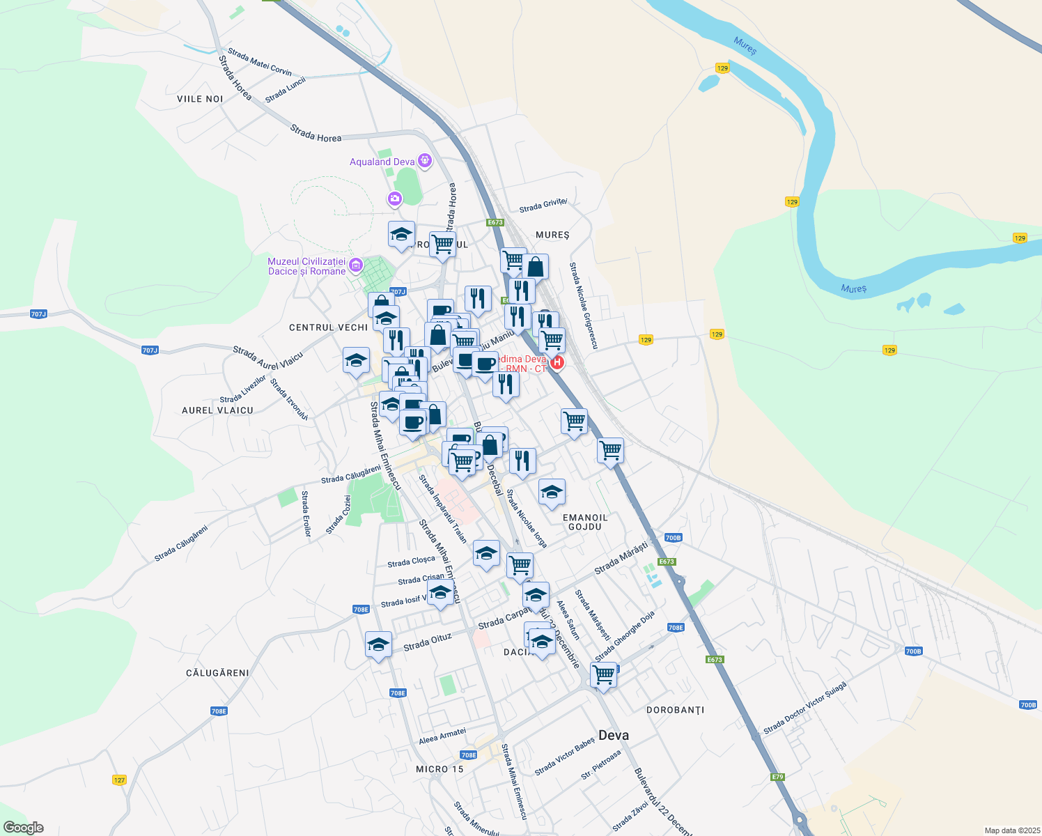 map of restaurants, bars, coffee shops, grocery stores, and more near Strada Ion Luca Caragiale in Deva